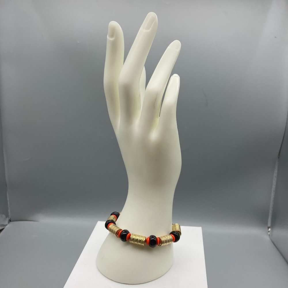 Vintage Germany Beaded Bracelet on Rolled Gold Chain, Retro Flair with Embossed